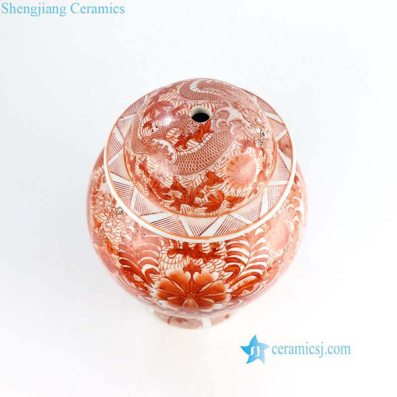 dragon floral red color ceramic lighting base with a hole in the top 