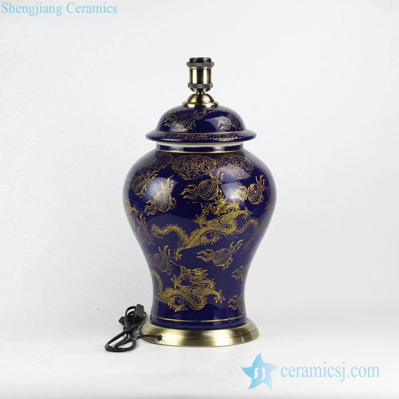 Home furniture golden Asian  ancient dragon cobalt blue color porcelain  reading lamp