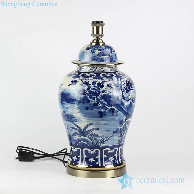 Gold rim brass base 2017 new arrival cobalt blue handmade bird floral pattern porcelain ginger jar lamp