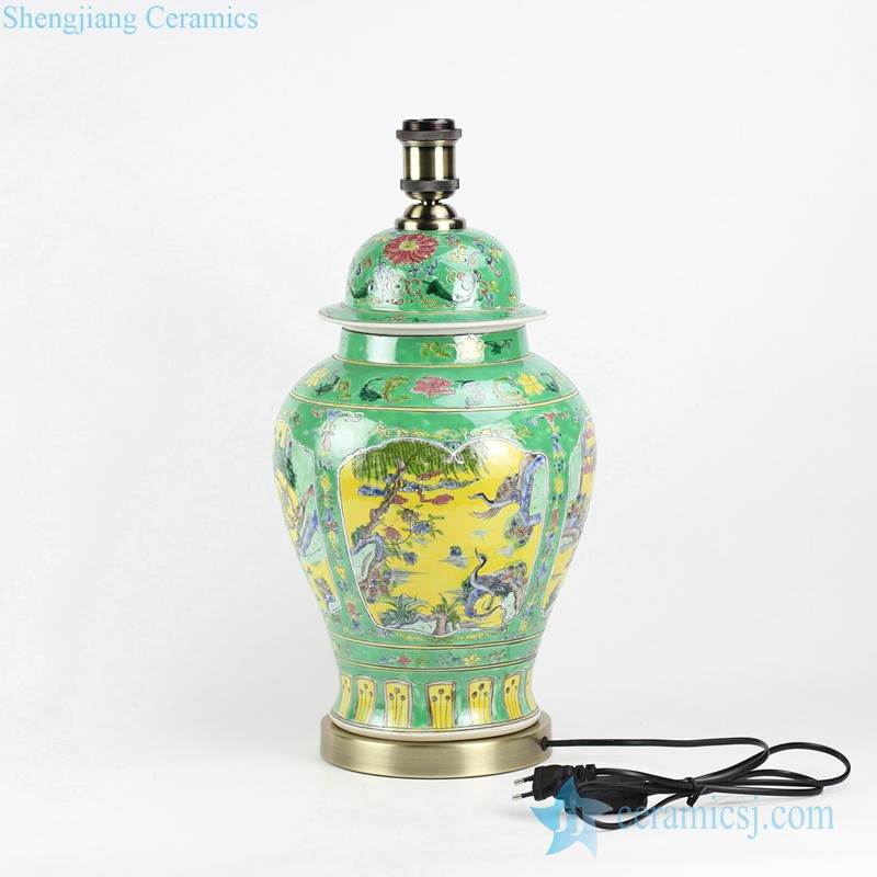Famille rose hand-painting  crane floral pattern green background antique style ceramic lamp