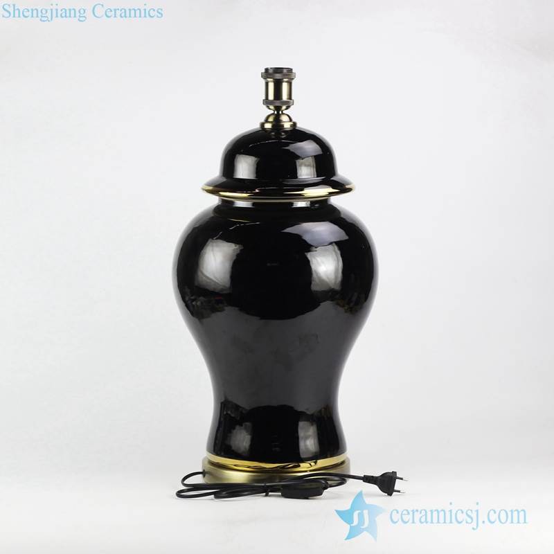 Glossy black ceramic  ginger jar lamp with gold line and brass base bulb holder