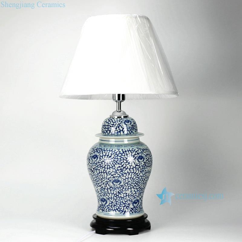 Blue and white handmade interlock lotus branch pattern porcelain  ginger jar lamp