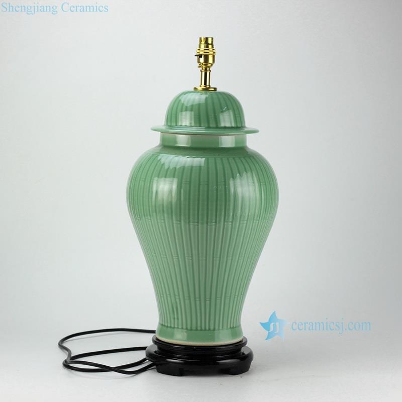 Bamboo pattern engraved celadon glazed handmade  porcelain  table lamp from shengjiang company 