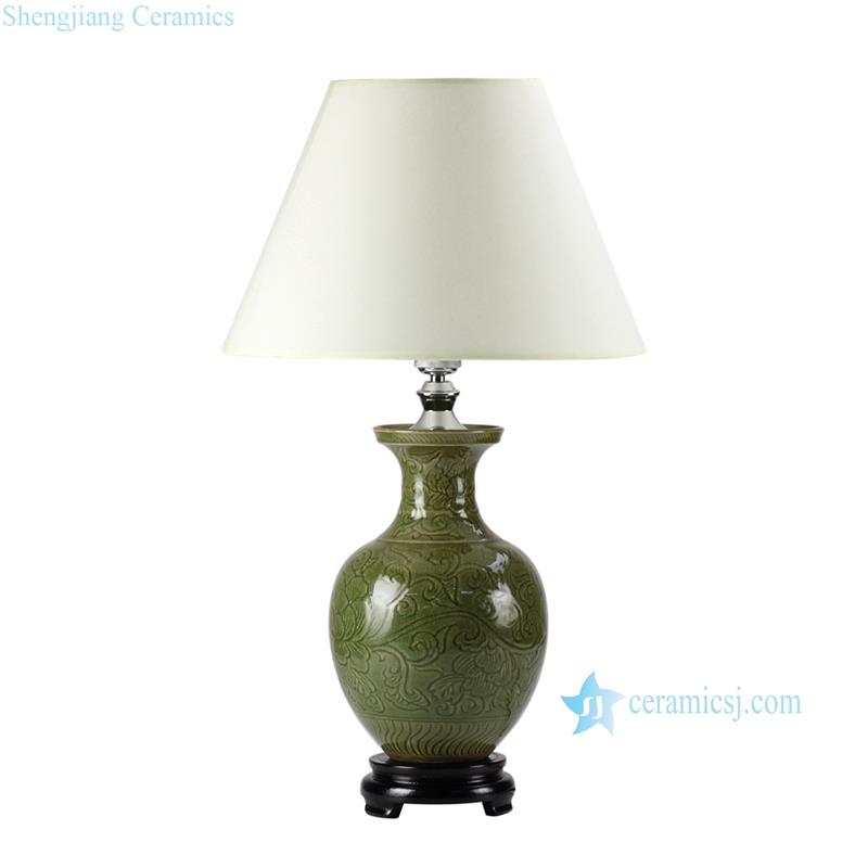 Moss green glaze engraved flower branch pattern pottery beside ceramic  table lamp