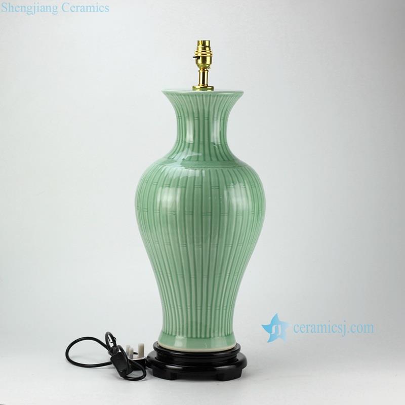Elegant fish tail shape celadon glaze bamboo pattern  modern  table lamp with pleated fabric lampshade and base switch