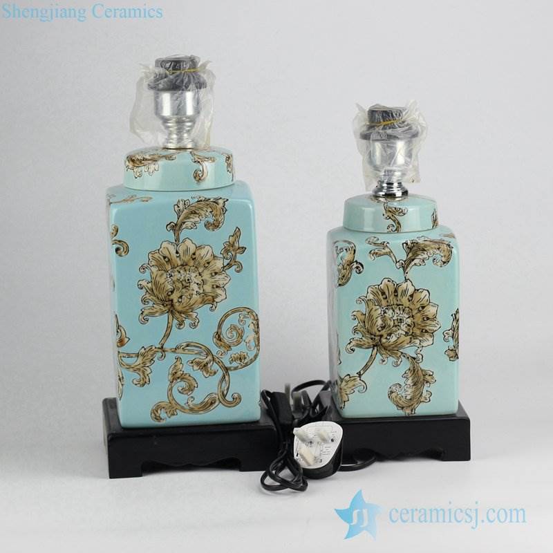 Cyan color background impressionism style sunflower pattern  high quality ceramic  bed side lamp as set