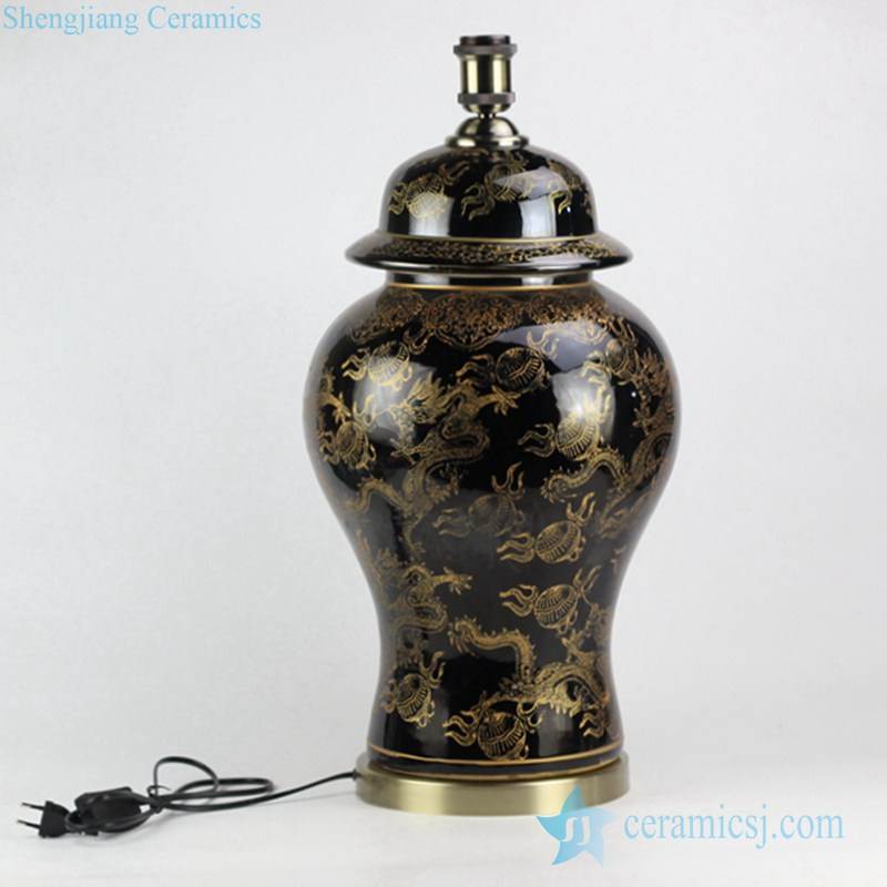 High class wholesale factory direct  bulk sale handmade  gold dragon pattern black porcelain table lamp