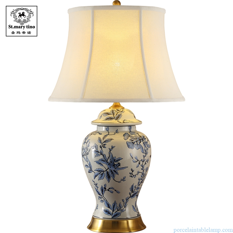 blue and white new Chinese style living room copper ceramic table lamp