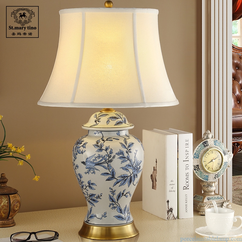 blue and white new Chinese style living room copper ceramic table lamp