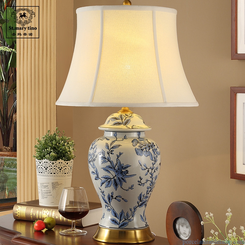 vintage blue and white ceramic copper table lamp