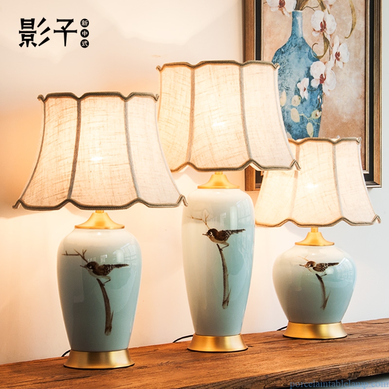 light blue background bird design retro warm copper porcelain lamp
