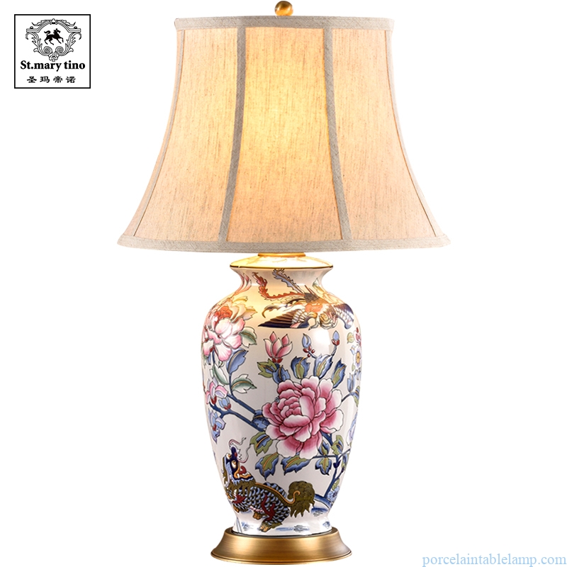  red flower design retro copper vase shape ceramic table lamp